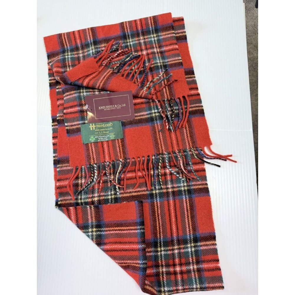 Vintage NWT L.L. Bean Red Plaid 100%  Wool Scarf with Fringe John Hanley & Co